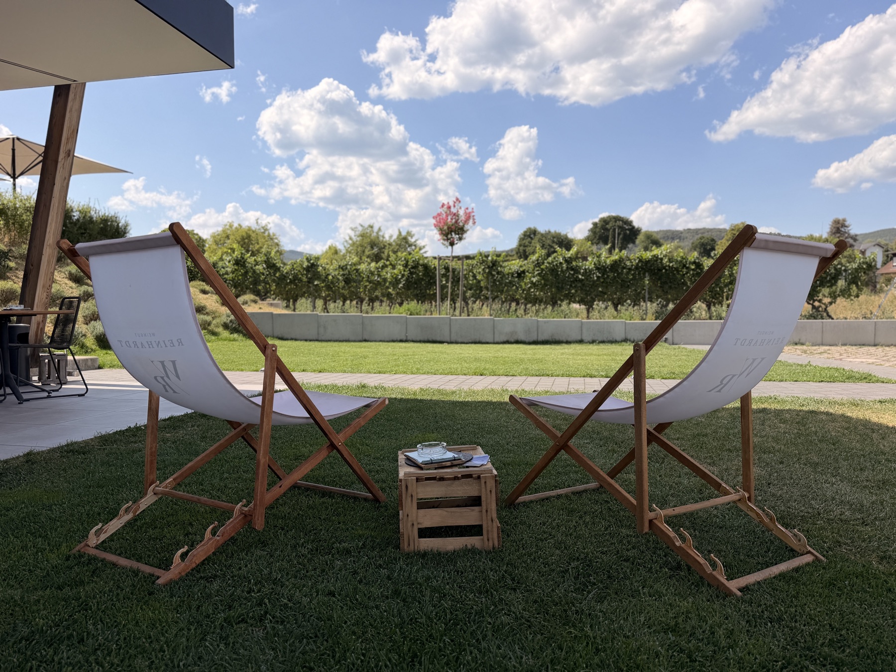 Terrasse des WEINWERK mit Liegestühlen und Blick über die Weinberge